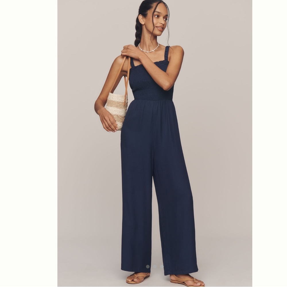English Factory Sleeveless Smocked Wide-Leg Jumpsuit